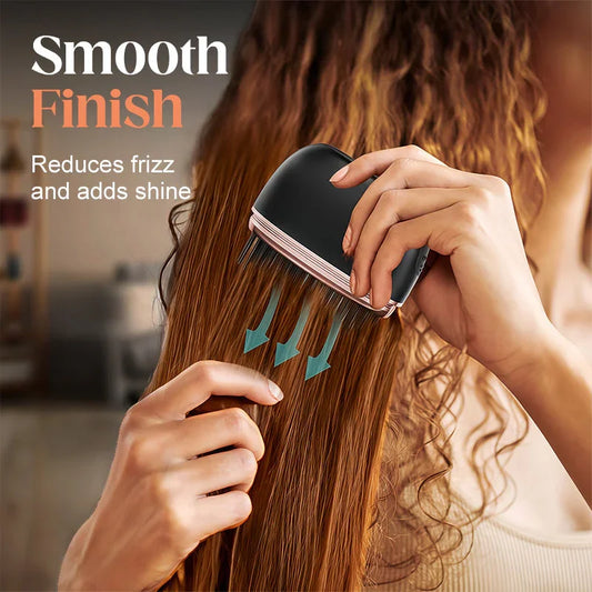 Woman using electronic hairbrush to smooth frizzy hair, reduces frizz and adds shine