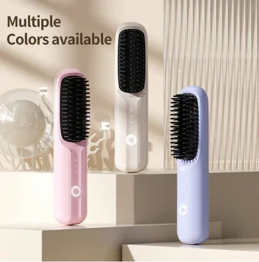 Wireless heated hair brush in pink, white, and lavender, available at clarioy.