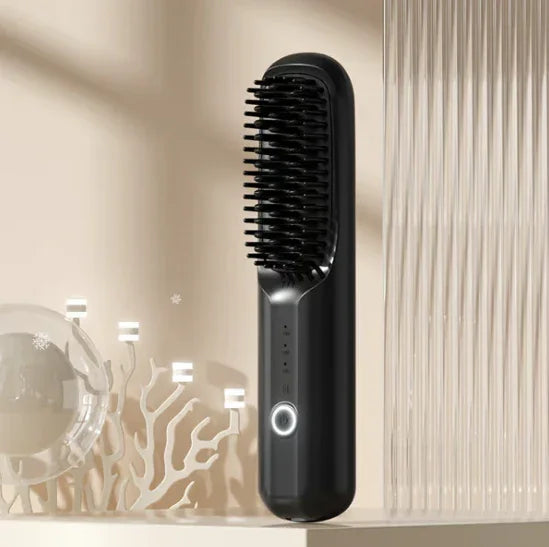 Sleek black electric hair straightening brush on modern counter, premium home electronics by clarioy