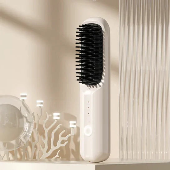 Sleek white and black electronic hair brush on modern bathroom shelf at clarioy store