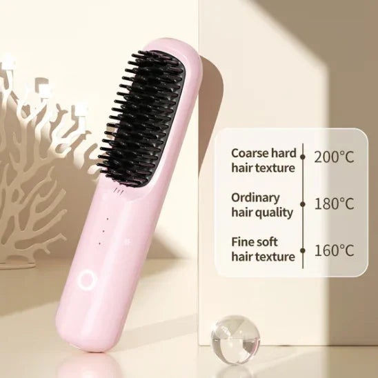 Pink hair straightening brush with temperature settings for different hair types, displayed on a beige surface in natural light, clarioy homeware electronics product