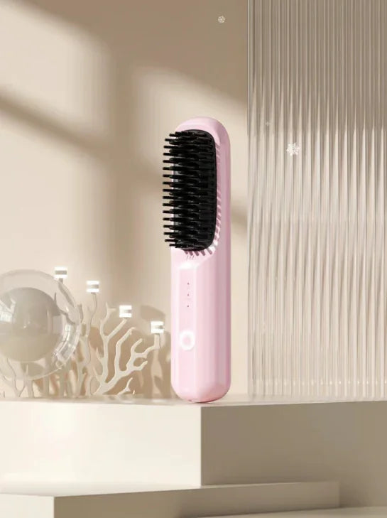 Pink electric hair straightening brush on beige shelf, modern homeware from clarioy