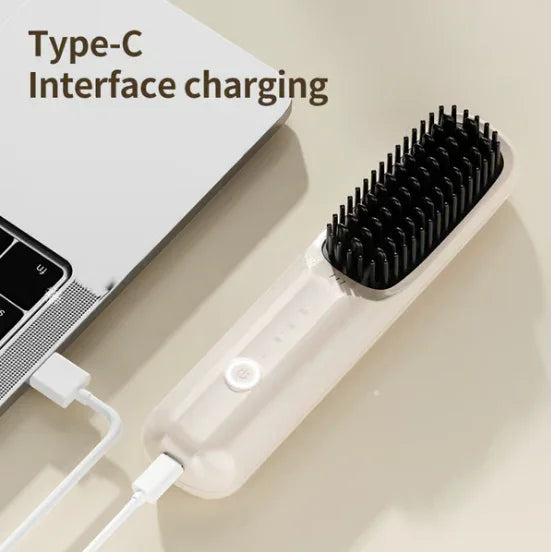 Type-C rechargeable hair straightening brush connected to laptop, premium home electronics at clarioy