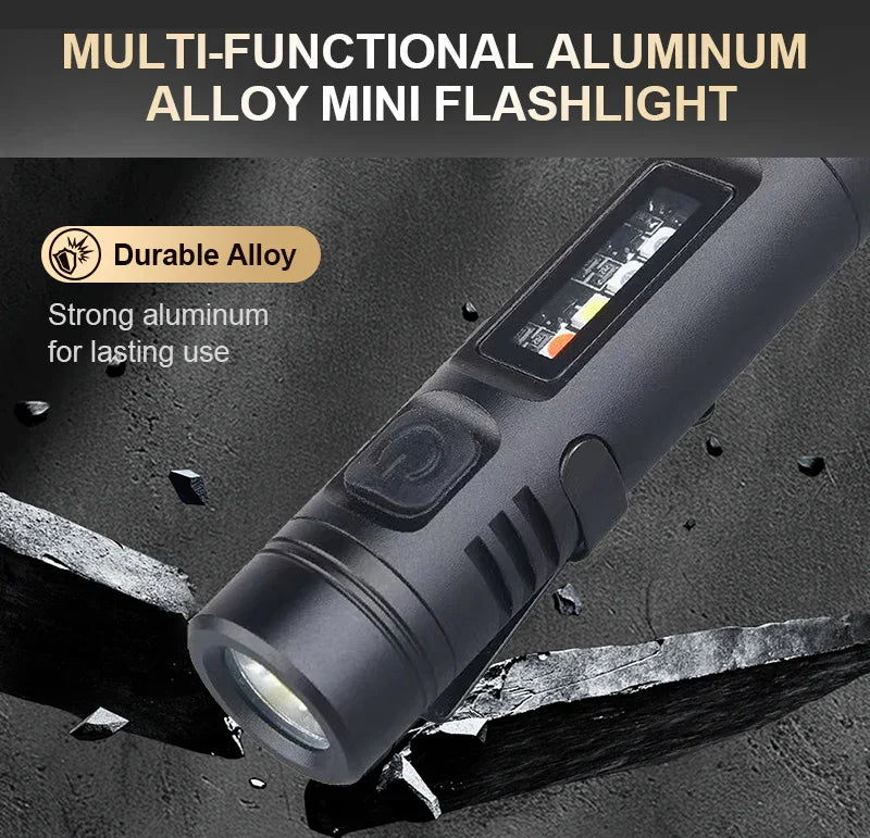 Multi-functional aluminum alloy mini flashlight with power switch and battery indicator, durable design for toolkit upgrades.