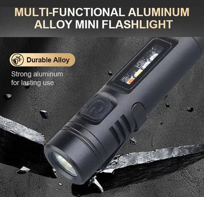 Multi-functional aluminum alloy mini flashlight with power switch and battery indicator, durable design for toolkit upgrades.