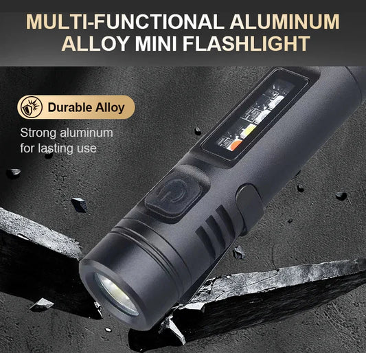 Multi-functional aluminum alloy mini flashlight with power switch and battery indicator, durable design for toolkit upgrades.