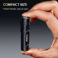 Compact black flashlight held between fingers, pocket-size, portable, clarioy auto tool.