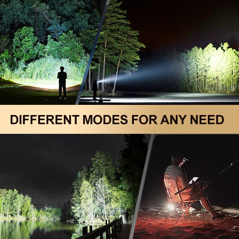 Clarioy premium flashlight in use outdoors at night, showing different lighting modes for camping, fishing, and outdoor activities.