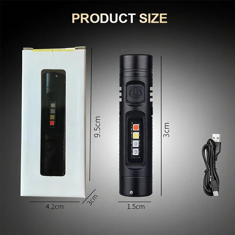 Clarioy rechargeable LED flashlight with USB cable and product dimensions shown on black background.