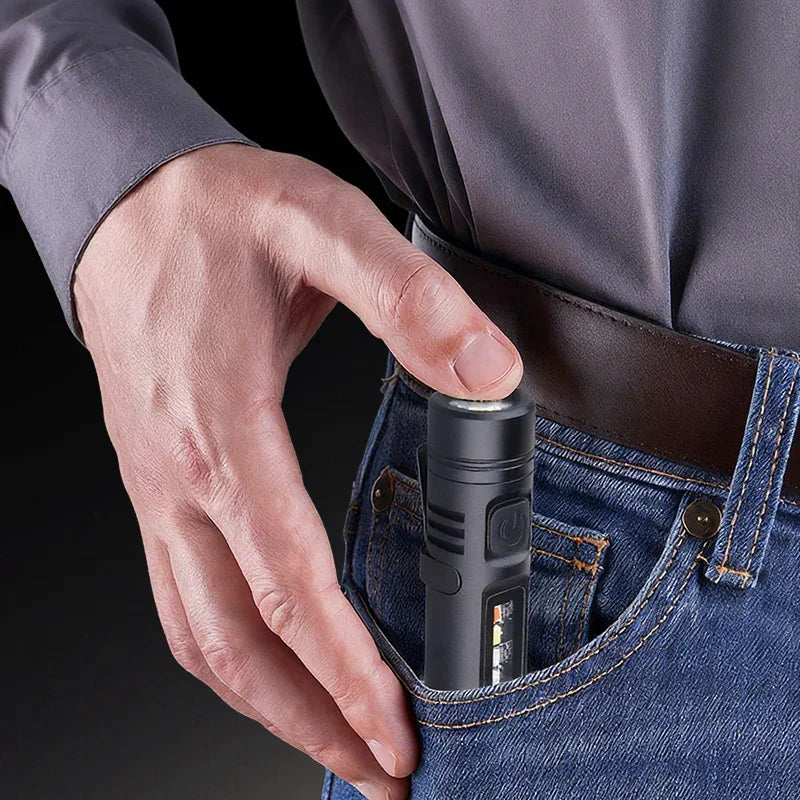 Man putting compact black flashlight auto tool in jeans pocket, premium clarioy gadget