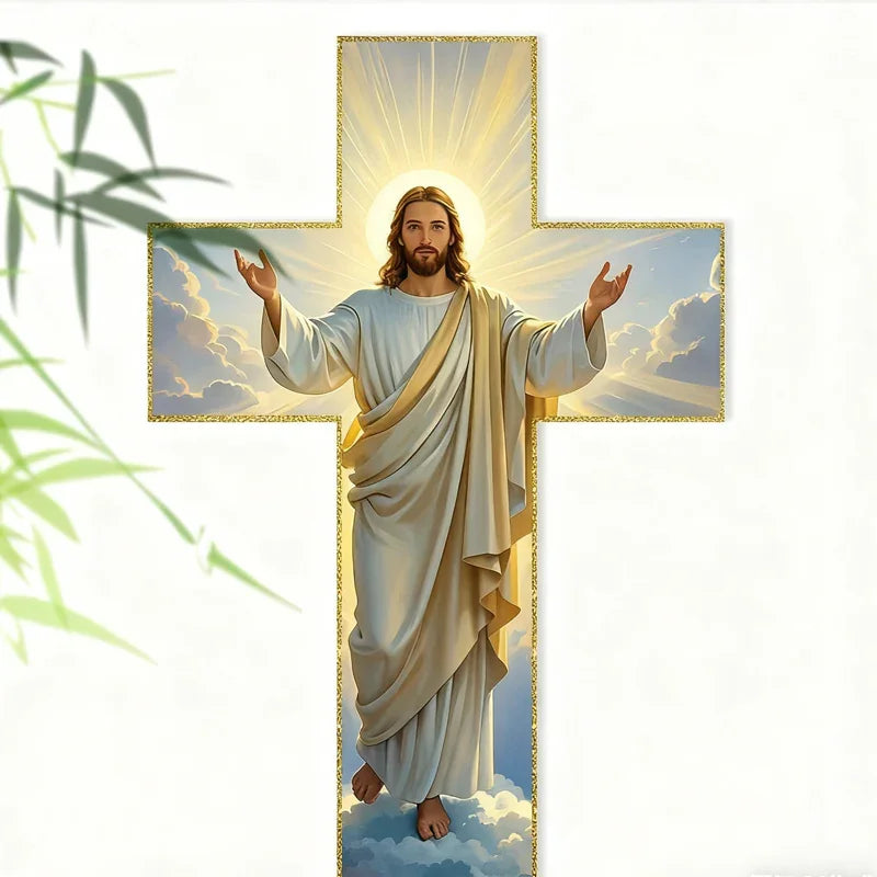 Illustration of Jesus in radiant white robes inside a gold-bordered cross, religious home decor