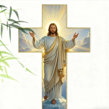 Illustration of Jesus in radiant white robes inside a gold-bordered cross, religious home decor