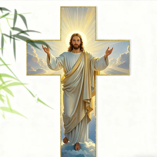 Illustration of Jesus in radiant white robes inside a gold-bordered cross, religious home decor