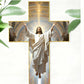 Religious cross wall art with radiant Jesus figure, ornate church background, and leafy accents, clarioy home decor