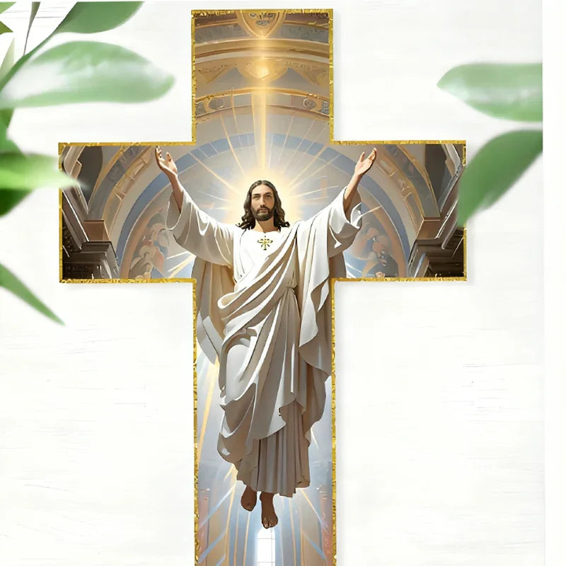Religious cross wall art with radiant Jesus figure, ornate church background, and leafy accents, clarioy home decor