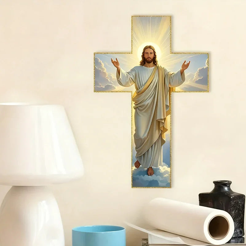 Wall-mounted cross with Jesus illustration in bright room, modern home decor accent