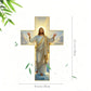 Cross-shaped wall art featuring Jesus with radiant halo, measured at 12x8 inches, on white background