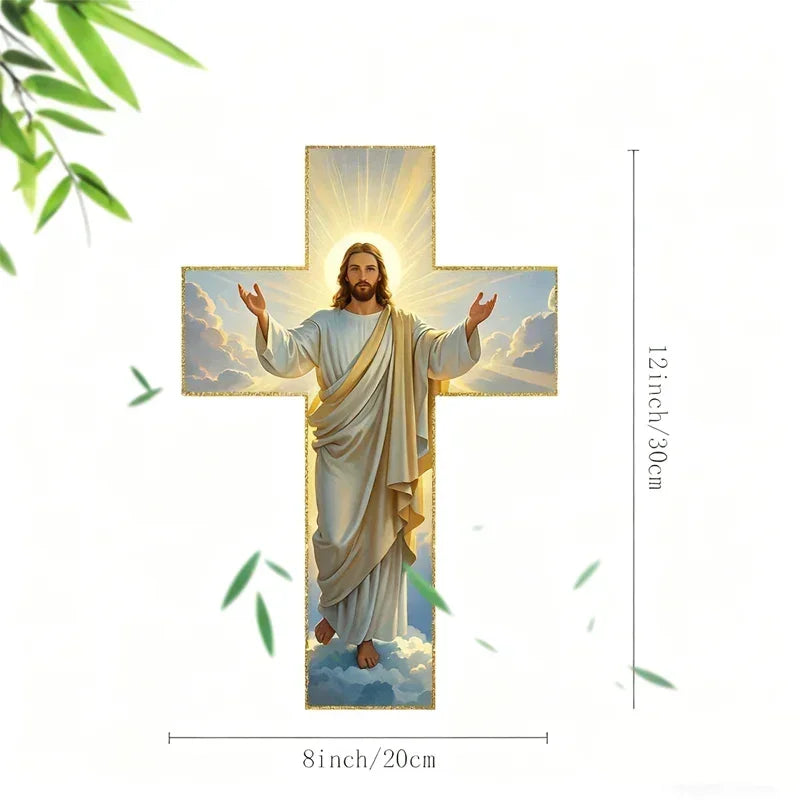 Cross-shaped wall art featuring Jesus with radiant halo, measured at 12x8 inches, on white background