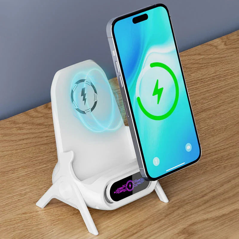 Wireless phone charging stand on wood desk, charging iPhone, modern electronics by clarioy