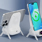 Wireless iPhone charging stand on white desk, shown with two iPhones, clarioy electronics
