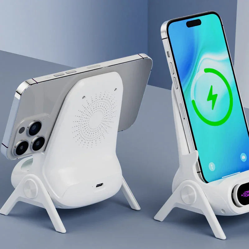 Wireless iPhone charging stand on white desk, shown with two iPhones, clarioy electronics