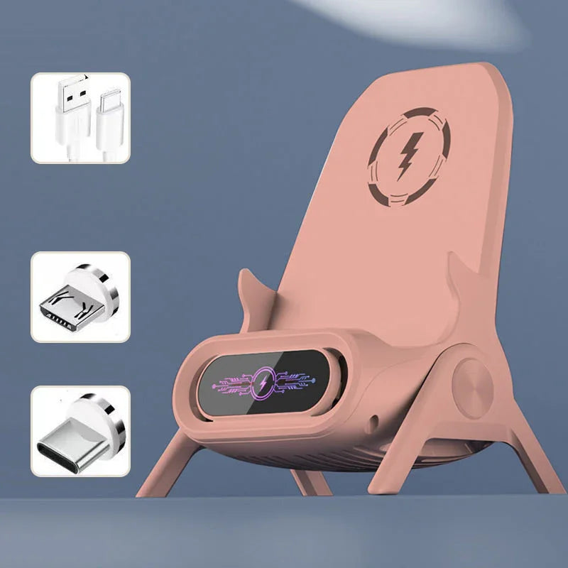 Pink wireless charging stand with digital display, USB, micro USB, and USB-C connectors