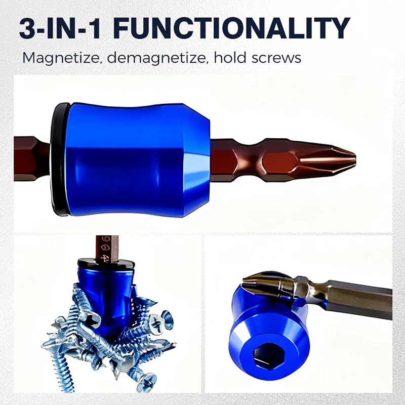 Blue 3-in-1 screwdriver magnetizer tool for holding screws shown in close-up on white background.