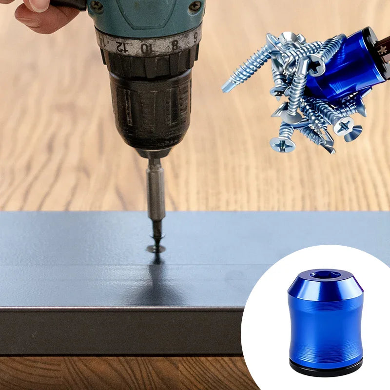 Magnetic screw holder attachment for power drill, blue metal, with multiple screws, on wood surface. Clarioy premium auto tool accessory.