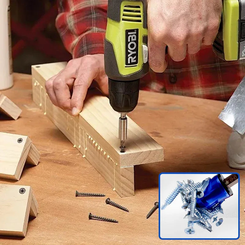 Man using Ryobi drill on wood, assorted screws nearby; clarioy premium auto tools focus