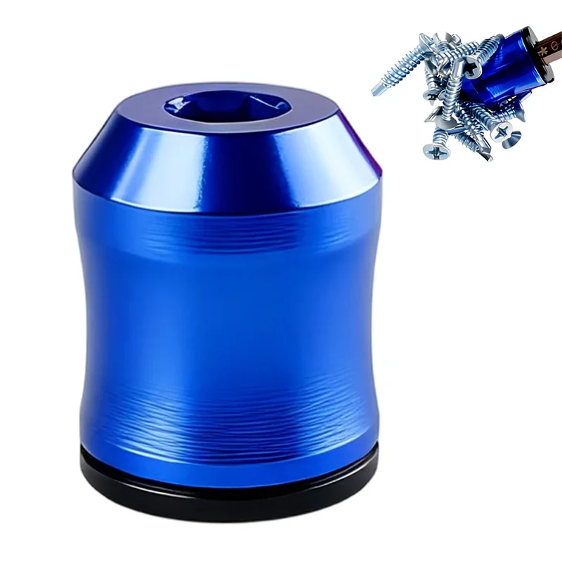 Blue magnetic screw holder tool for auto and home use, with metallic screws on white background