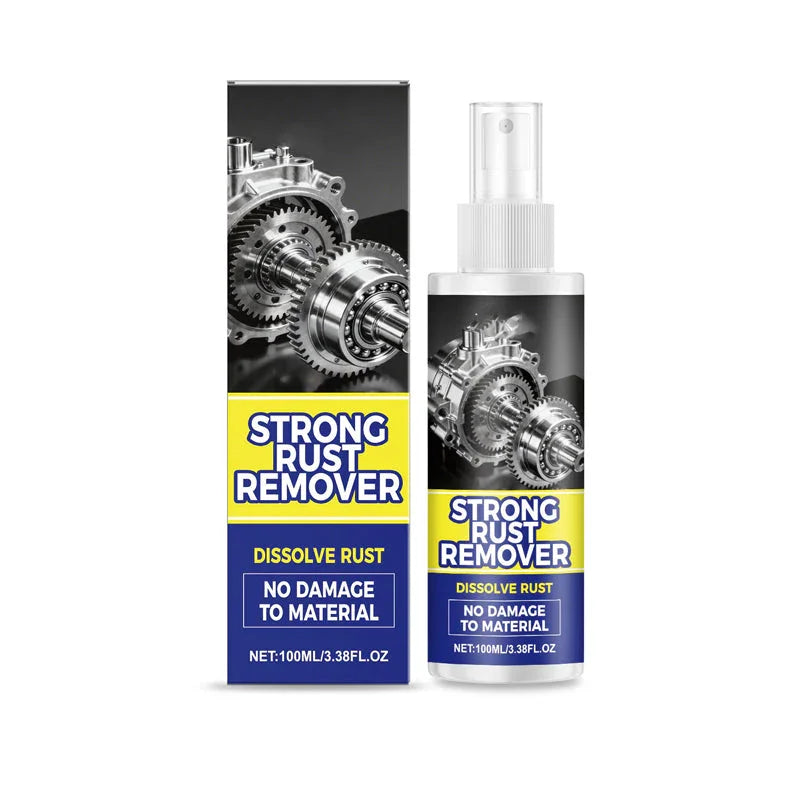 Clarioy strong rust remover spray and box with metallic gears, auto tool cleaning product