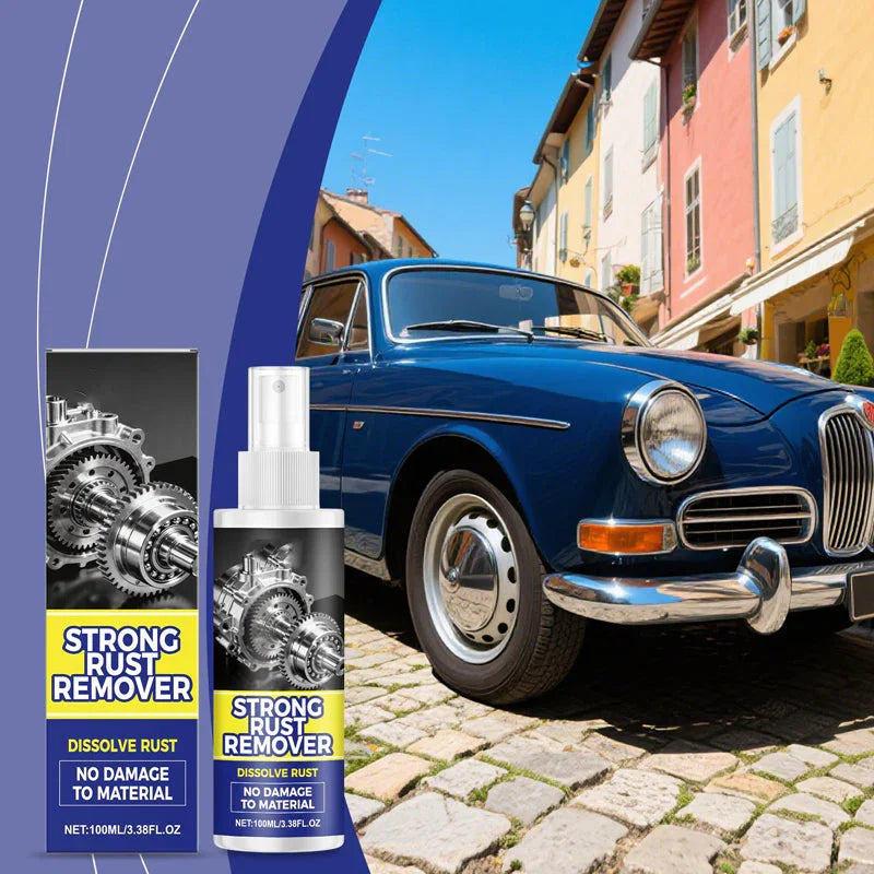 Strong rust remover spray for auto tools, showcased with a classic blue car on a sunny street.