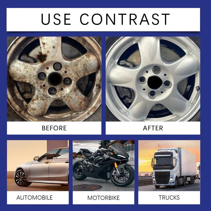 Before and after comparison of car wheel cleaning, with clean automobile, motorbike, and truck below.