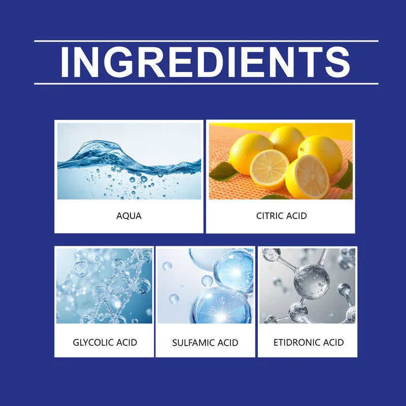 clarioy product ingredients chart with aqua, citric acid, glycolic acid, sulfamic acid, etidronic acid