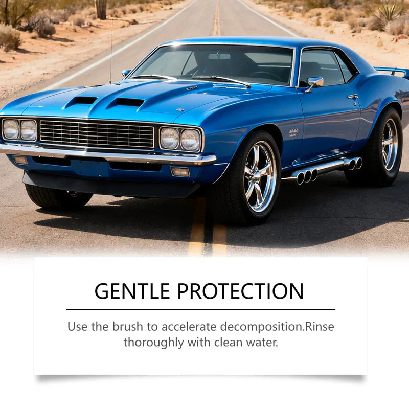 Classic blue muscle car parked on desert road, promoting Clarioy auto tools for gentle protection.