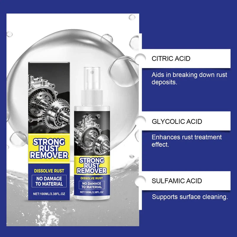 Strong rust remover spray for auto tools, highlights citric, glycolic, and sulfamic acid benefits.