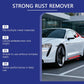 Strong rust remover benefits listed next to a white car in a modern outdoor parking lot