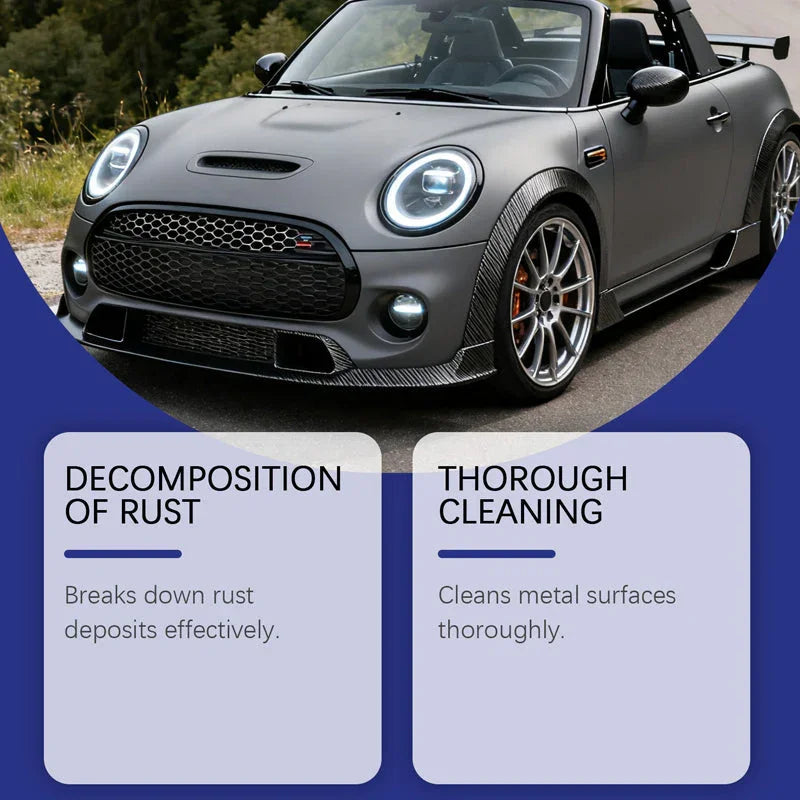 Matte grey convertible sports car showcasing auto tool benefits for rust removal and metal cleaning, clarioy auto tools promo