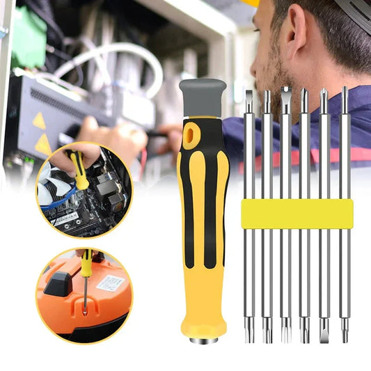 Precision screwdriver set with yellow handle and interchangeable bits for electronics repair at clarioy