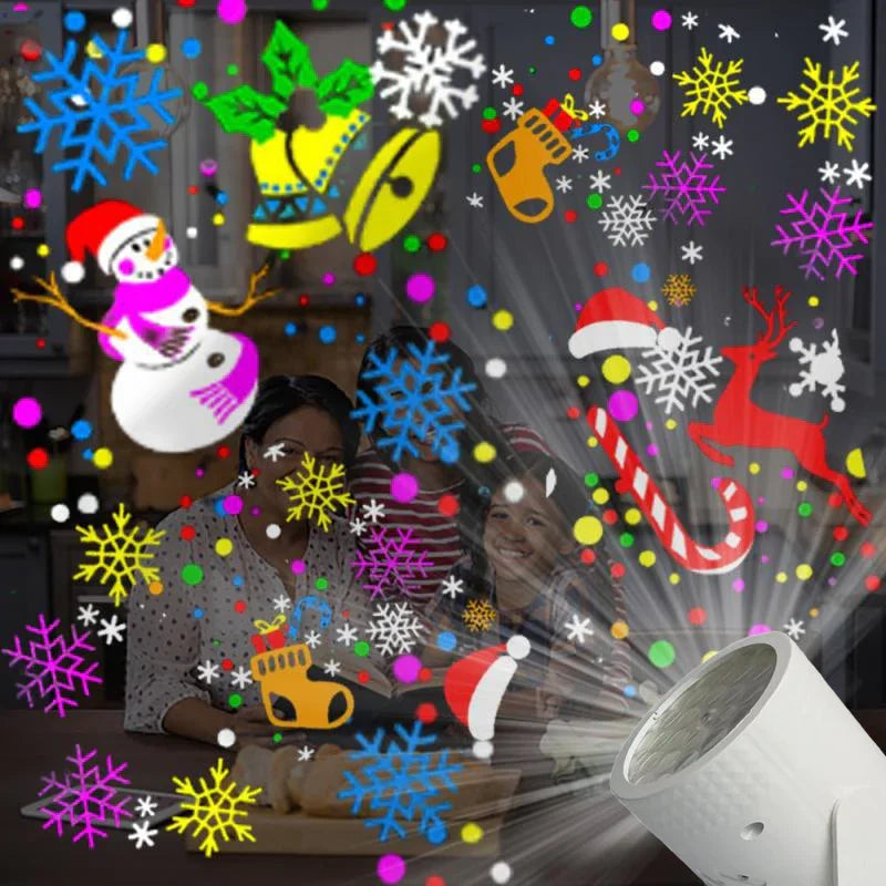 Holiday LED projector light displaying Christmas snowflakes, reindeer, and festive icons indoors