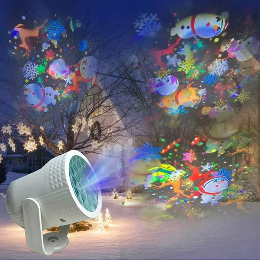 Outdoor projector displaying snowman, snowflake, and reindeer lights on snowy house at night