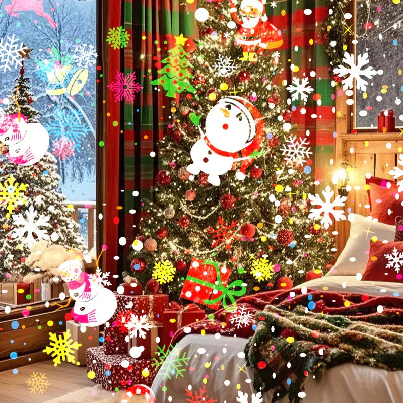 Festive bedroom with Christmas trees, colorful ornaments, wrapped gifts, and snowflake decorations