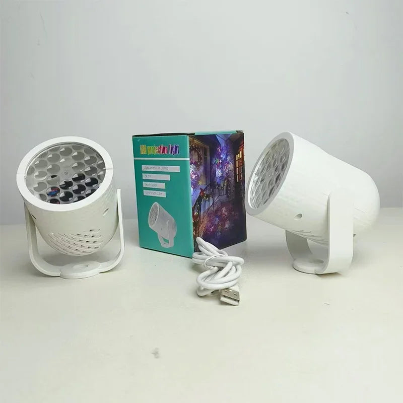 White LED projection lights with USB cable and packaging on table, clarioy home electronics