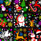 Colorful Christmas-themed illustrations with snowmen, Santa, gifts, reindeer, and candy on black background
