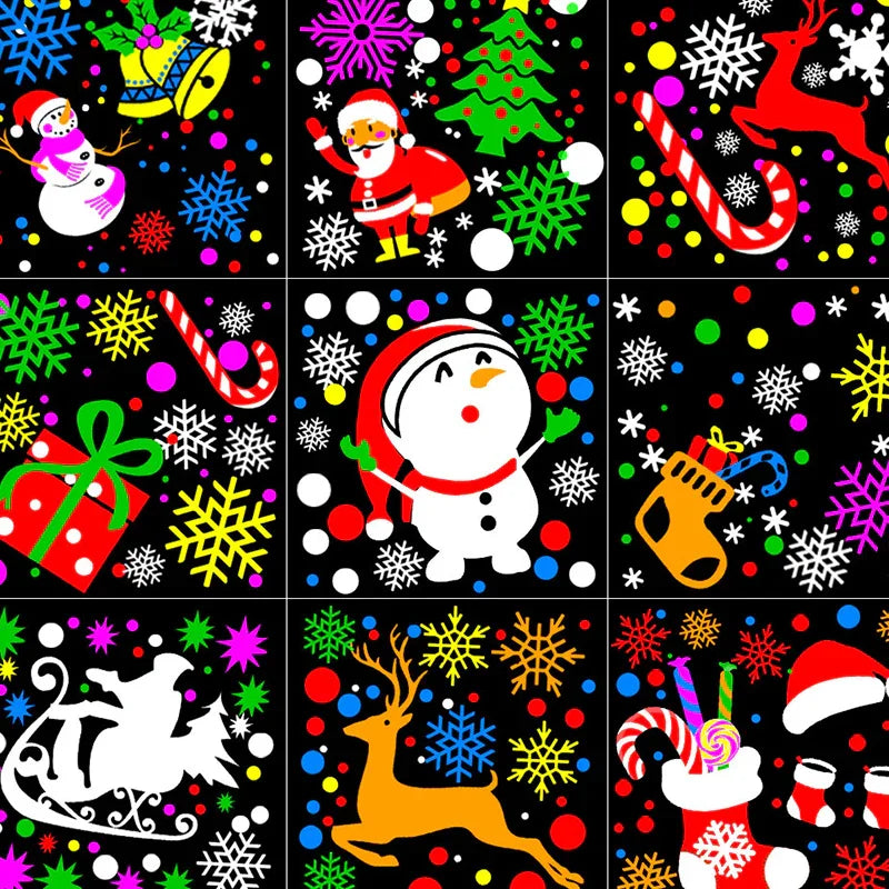 Colorful Christmas-themed illustrations with snowmen, Santa, gifts, reindeer, and candy on black background