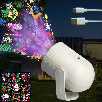Clarioy outdoor LED Christmas projector light displaying festive patterns, includes USB cable