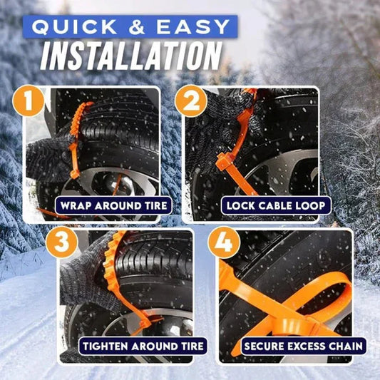 Quick easy tire chain installation guide for snow, featuring orange traction straps on car tire.