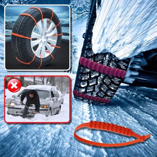 Car tire with red anti-slip snow traction straps for winter, Clarioy auto tool product.