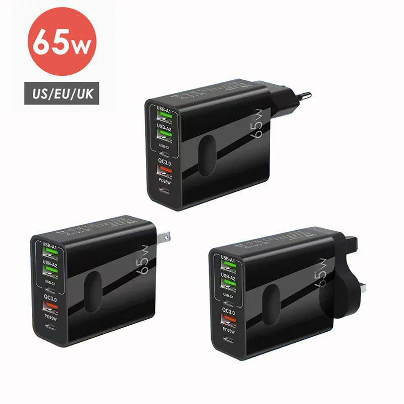 clarioy 65W fast charger with multiple USB ports, US/EU/UK plug options, black design