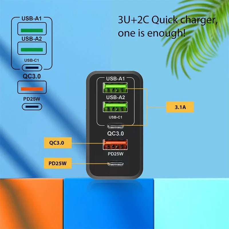 clarioy multi-port USB wall charger with 3 USB and 2 USB-C ports, QC3.0, PD25W, quick charge